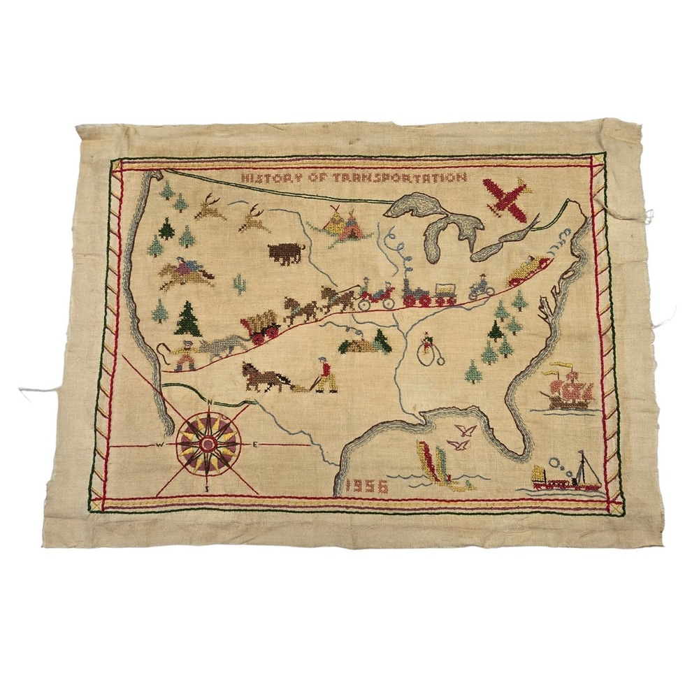Needlework History Transportation Sampler 1956 Folk Art Rustic Primitive 17"x24"